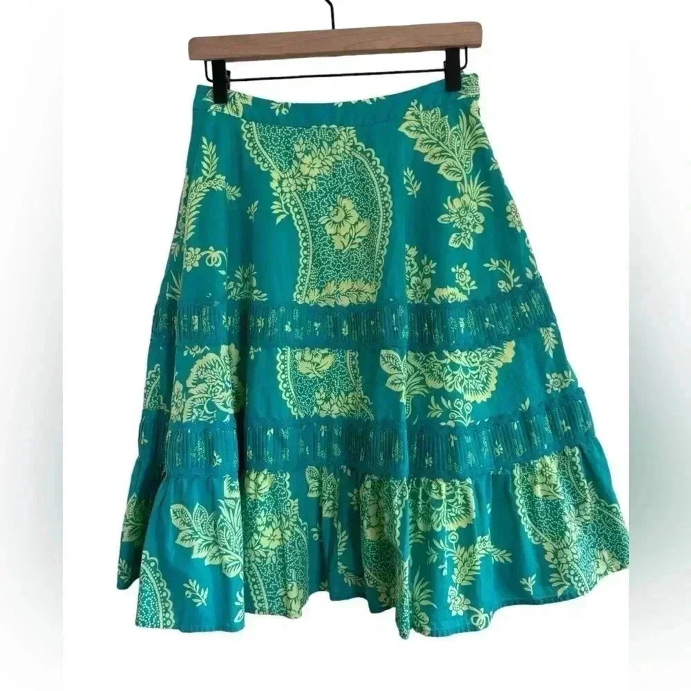 anthropologie Odille Floral Pintuck Skirt in Teal and Yellow Size 0